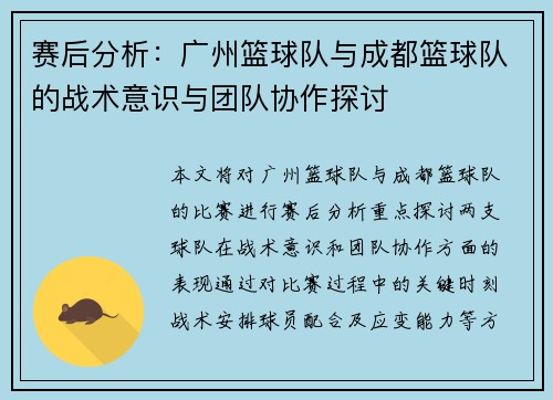 赛后分析:广州篮球队与成都篮球队的战术意识与团队协作探讨